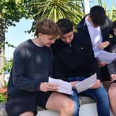 Pupils Adee Davidson-Best, Daniel Allen, Harley Huntley and Noah Burcombe from Grosvenor Grammar School in east Belfast who received their GSCE results on Thursday morning. Pic: Colm Lenaghan/Pacemaker Press