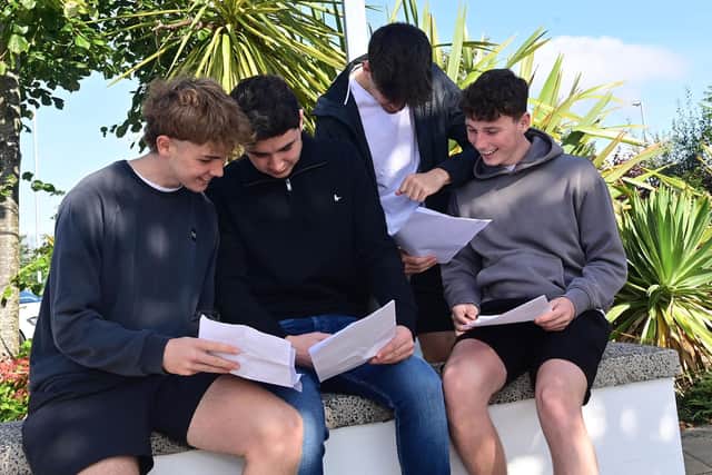 Pupils Adee Davidson-Best, Daniel Allen, Harley Huntley and Noah Burcombe from Grosvenor Grammar School in east Belfast who received their GSCE results on Thursday morning. Pic: Colm Lenaghan/Pacemaker Press