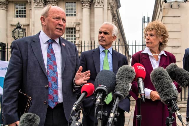 TUV MLA Jim Allister at Belfast High Court, with Ben Habib (centre) and Kate Hoey