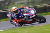 Christian Elkin on the RB Engineering/Bell Bikesport B&W Racing Aprilia Supertwin at the David Wood Trophy meeting. (Photo by Rod Neill/Pacemaker Press)