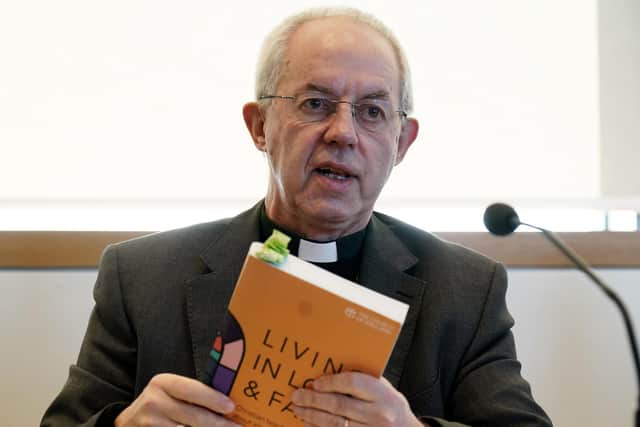 The Archbishop of Canterbury, Justin Welby, speaks during a Church of England press conference at Lambeth Palace Library, in south London today. Bishops in favour of gay marriage have praised the Church of England's decision to allow the blessing of same-sex partnerships however clergy will remain banned from marrying same-sex couples.