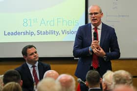 Irish Minister for Foreign Affairs and Defence, Simon Coveney speaking at a side event on Northern Ireland at the Technological University of the Shannon in Athlone, Co Westmeath, for the Fine Gael Ard Fheis