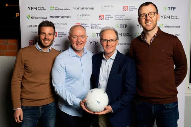 Belfast sportstech firm creates new jobs following £9m funding boost. From left, Mike Clarke, partner at YFM Equity Partners, TeamFeePay CEO Liam McStravick, TeamFeePay chairman Michael Black, and Stuart Gaffikin, investment director at Clarendon Fund Managers