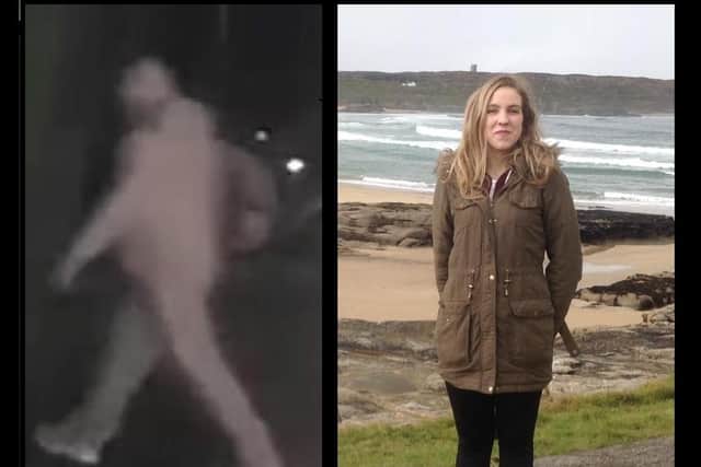 Zoom/enhance camera footage of the unknown figure whom police want to trace and stab victim Natalie McNally
