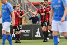 Philip Lowry celebrates scoring Crusaders' second goal in their victory over Glenavon at Seaview, Belfast. PIC: Inpho/Stephen Hamilton