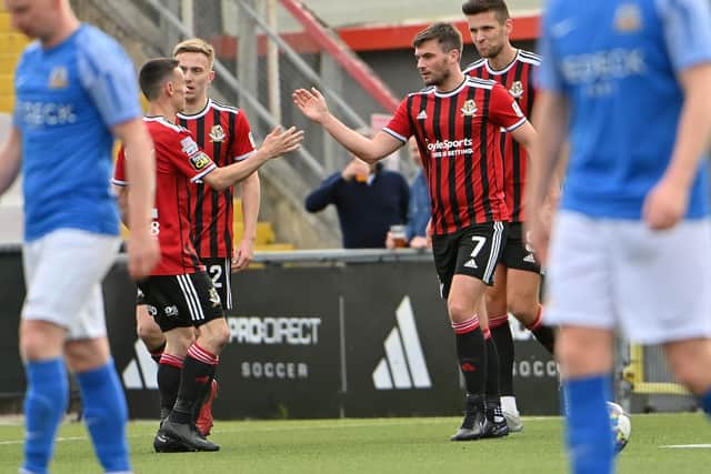 Philip Lowry celebrates scoring Crusaders' second goal in their victory over Glenavon at Seaview, Belfast. PIC: Inpho/Stephen Hamilton
