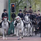 Six of the eight Windsor Grey horses that will pull the Gold State Coach in Hyde Park during a rehearsal for the coronation of King Charles III