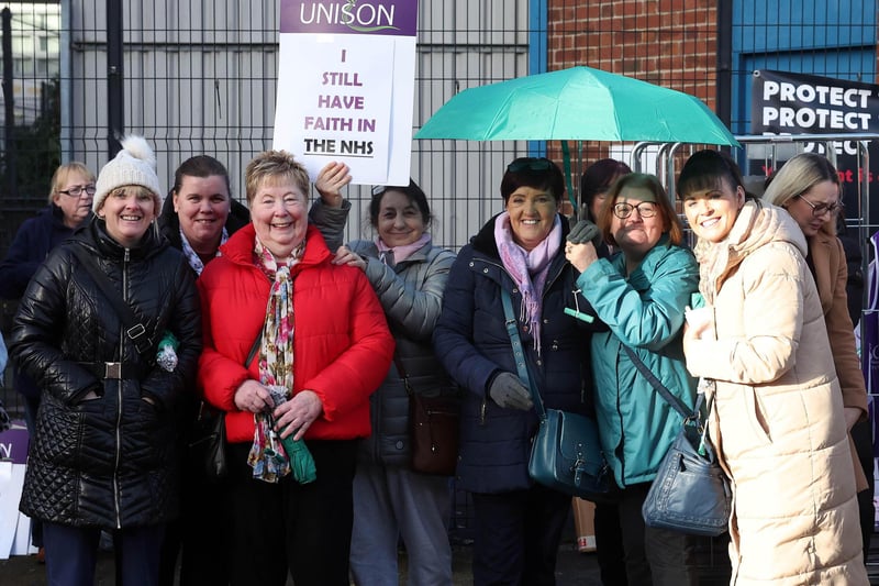 Healthcare Workers pictured at Royal Victoria Hospital, Belfast.More than 25,000 healthcare staff in Northern Ireland have begun a one-day strike as part of a pay dispute.