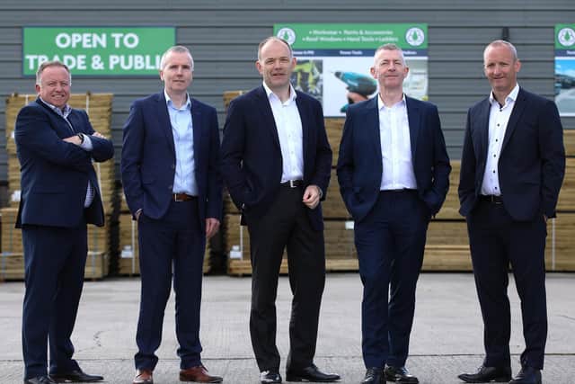 One of Northern Ireland’s leading Builders Merchants Groups has made strategic appointments at the top of the business to further enable expansion across the island and drive growth. Pictured are Pat Moore, Martin Farrell, James Higgins, Brendan Sammon, Peter Kelly