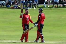 James Hall celebrates scoring a century for Waringstown in the 2017 NCU Twenty20 Cup final against North Down. PIC: Freddie Parkinson/Presseye