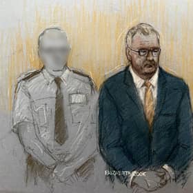 Court artist drawing by Elizabeth Cook of former DUP leader Jeffrey Donaldson appearing at Newry Crown Court for a sentencing hearing