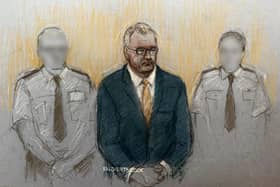 Court artist drawing by Elizabeth Cook of former DUP leader Jeffrey Donaldson appearing at Newry Crown Court for a sentencing hearing