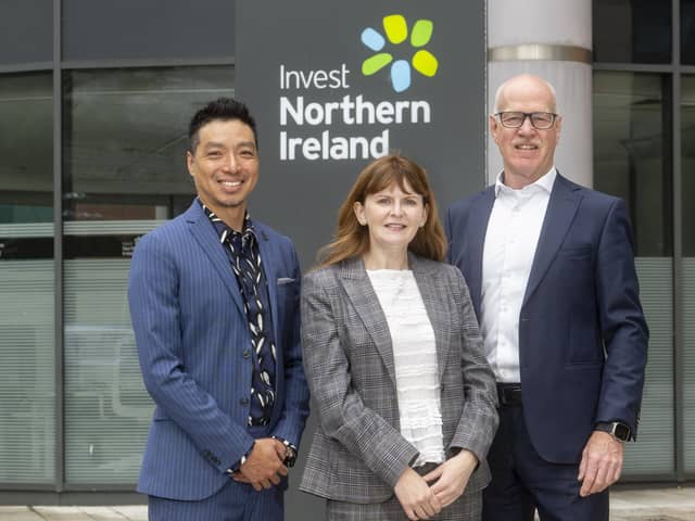 Canadian technology consulting firm Tactable is establishing a new delivery hub in Belfast creating 16 new jobs. Pictured at Invest NI are Gordon Tam, COO and co-founder of Tactable, Economy Minister Dr Caoimhe Archibald and Alan Wilson, head of International Investment at Invest NI