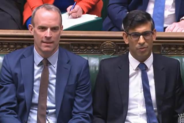 Dominic Raab and Prime Minister Rishi Sunak in the House of Commons. Mr Raab has resigned from the Cabinet, following the conclusion of an inquiry into bullying allegations