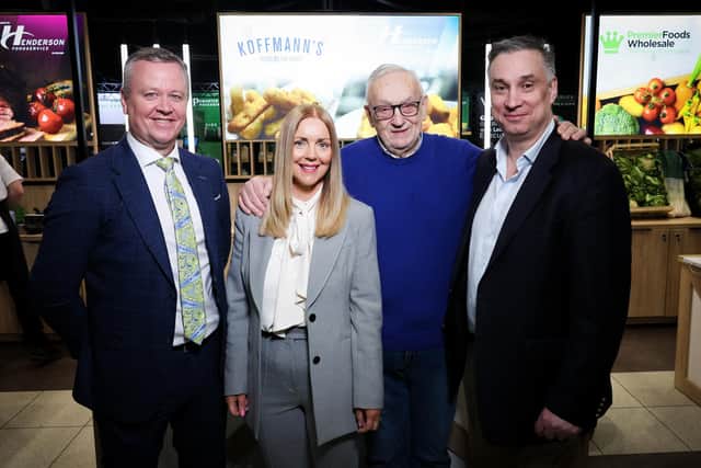 Cathal Geohegan, Kiera Campbell and Mark Stewart-Maunder from Henderson Foodservice with chef Pierre Koffmann, who has signed with Henderson Foodservice to exclusively supply his Koffmann’s range of potatoes and chips on the island of Ireland