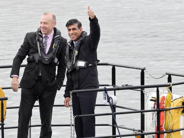 The UK Government took direction of control of sea border implementation from Stormont as part of its Safeguarding the Union deal with the DUP. Prime Minister Rishi Sunak pictured Secretary of State Chris Heaton Harris in Belfast.