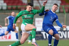 Glentoran's David Fisher (left) battling with Dungannon's Kealan Dillon in Belfast. (Photo by Desmond Loughery/Pacemaker Press)