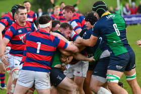 Ballynahinch's Matty Rea swamped by Clontarf players in the weekend All-Ireland League meeting at Ballymacarn Park. (Photo by Andrew McCarroll/Pacemaker Press)