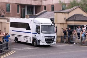 A prison van carrying former DUP leader Sir Jeffrey Donaldson leaves Newry Crown Court, where he was found guilty of 18 historical sex offences against two women when they were children, including one count of rape, 13 of indecent assault and four of gross indecency. Photo: Liam McBurney/PA Wire
