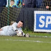 Ross Glendinning saving a penalty for Carrick Rangers against Glenavon. PIC: Alan Weir/Pacemaker Press