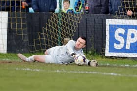 Ross Glendinning saving a penalty for Carrick Rangers against Glenavon. PIC: Alan Weir/Pacemaker Press