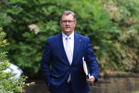 DUP leader Sir Jeffrey Donaldson arrives at Stormont Castle for yesterday’s meeting with NI Civil Service head Jayne Brady. Picture: Liam McBurney/PA Wire