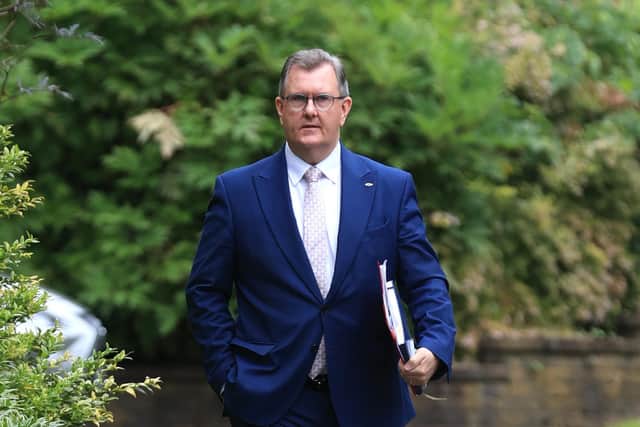 DUP leader Sir Jeffrey Donaldson arrives at Stormont Castle for yesterday’s meeting with NI Civil Service head Jayne Brady. Picture: Liam McBurney/PA Wire