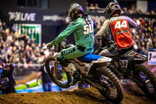Ballyclare man Martin Barr and Elliott Banks-Browne in action at the UK Arenacross in Aberdeen.