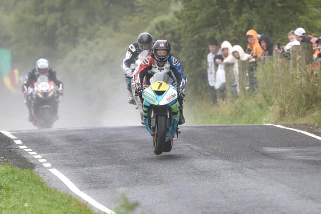 English rider Sam West (Kawasaki) gets out of shape over the Lagge Jump during the sighting laps for Saturday's Supersport race at the Armoy Road Races. (Photo by Stephen Davison/Pacemaker Press)