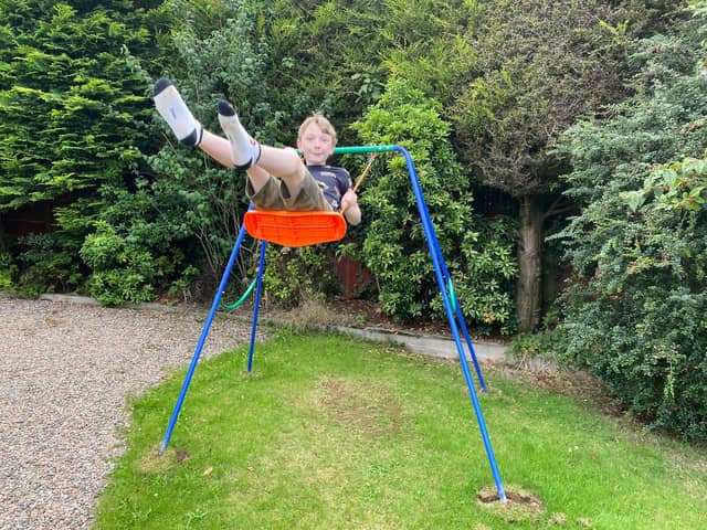 The new swing had a bright orange seat and is located in exactly the same position as the previous swing, right in front of the trees