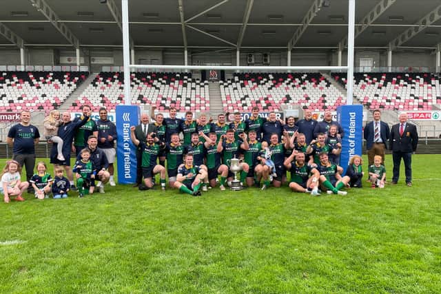 Ballynahinch celebrate success over Queen's in the Senior Cup final at Kingspan Stadium by 32-15. PIC: Ulster Rugby