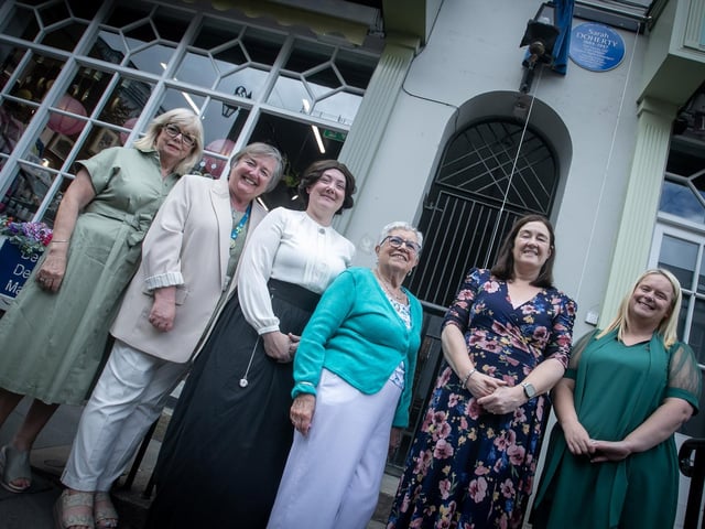 Some of the ladies in attendance at Wednesday's Blue Plaque unveiling to Sarah Doherty in Shipquay Street, Derry.