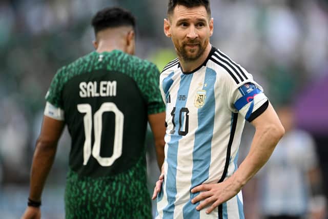 LUSAIL CITY, QATAR - NOVEMBER 22: Lionel Messi of Argentina reacts during the FIFA World Cup Qatar 2022 Group C match between Argentina and Saudi Arabia at Lusail Stadium on November 22, 2022 in Lusail City, Qatar. (Photo by Matthias Hangst/Getty Images)