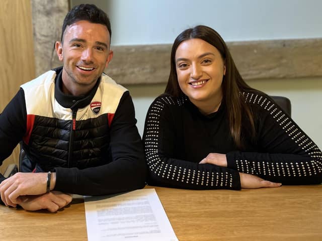 Glenn Irwin with Jordan Bird after signing with the PBM Racing Team for the 2024 British Superbike Championship