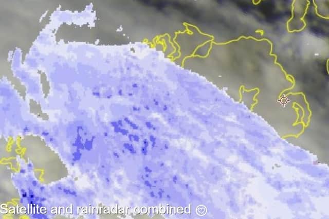 A heavy band of rain that has been coming up from the middle of Ireland towards the NE of Northern Ireland. The picture, based on satellite imagery, was taken at 2.15pm from meteoradar.co.uk
