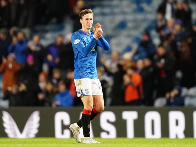 Rangers' Kieran Dowell applauds the fans after the cinch Premiership victory against St Johnstone at Ibrox