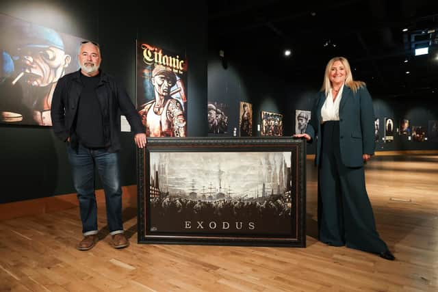 Terry Bradley is joined by Judith Owens MBE, Chief Executive of Titanic Belfast at the announcement that he has partnered with the world-leading visitor attraction to launch a free exhibition this summer. PIC:Kelvin Boyes / Press Eye.