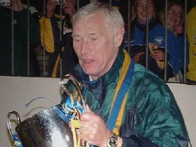 Former Bangor manager Eric Halliday celebrating trophy success with the Irish League club. (Photo by Bangor FC)