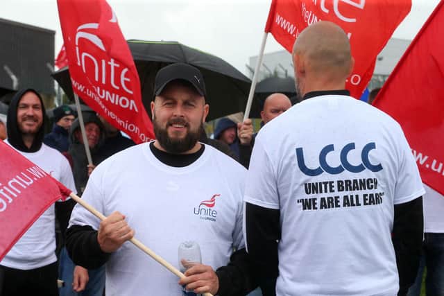 Lisburn and Castlereagh Council workers stage a picket on the first day of their strike on September 6, 2022