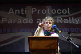 Kate Hoey speaks during an anti Northern Ireland Protocol rally and parade, organised by North Antrim Amalgamated Orange Committee, in Ballymoney, Co Antrim. Picture date: Friday March 25, 2022.