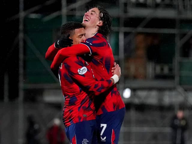 Rangers' James Tavernier (left) celebrates with team-mate Fabio Silva after scoring from the penalty spot during the Scottish Gas Scottish Cup fourth-round match at the Dumbarton Football Stadium. (Photo by Andrew Milligan/PA Wire)