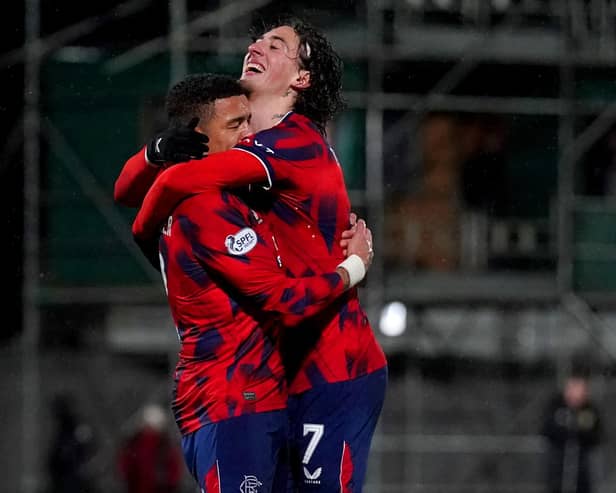 Rangers' James Tavernier (left) celebrates with team-mate Fabio Silva after scoring from the penalty spot during the Scottish Gas Scottish Cup fourth-round match at the Dumbarton Football Stadium. (Photo by Andrew Milligan/PA Wire)