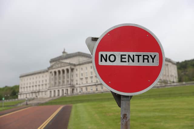 A No Entry sign at Parliament Buildings at Stormont, Belfast.