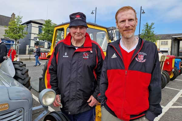 Pictured are Jody Wallace from Parkgate and Paul Sempey from Doagh who were attending the Ballyeaston Vintage Tractor Club gathering in the Square in Ballyclare. Picture: Darryl Armitage
