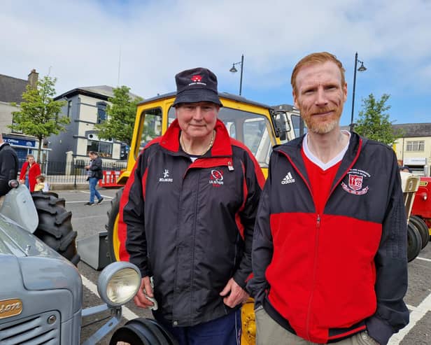 Pictured are Jody Wallace from Parkgate and Paul Sempey from Doagh who were attending the Ballyeaston Vintage Tractor Club gathering in the Square in Ballyclare. Picture: Darryl Armitage