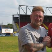 Dougie Wilson with Niall Currie after joining Portadown from Ballymena United this summer. PIC: Portadown FC