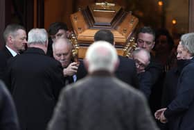 TUESDAY 6th FEBRUARY 2024, AGHYARAN: Mourners gathered at St Patrick’s Church, Aghyaran on Tuesday afternoon for the funeral of Joe Bradley, father of Liverpool FC star Conor Bradley.