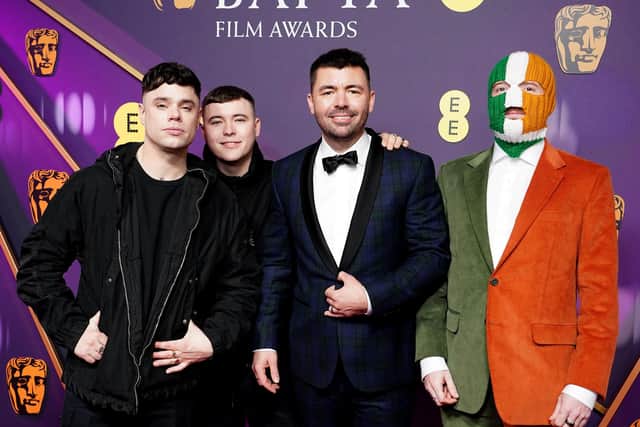 Mo Chara (Naoise O Caireallain), Moglai Bap (Liam Og O Hannaidh), director Rich Peppiatt, and DJ Provai attending the Bafta ceremony in London on Sunday (16th). Photo: Ian West/PA Wire.