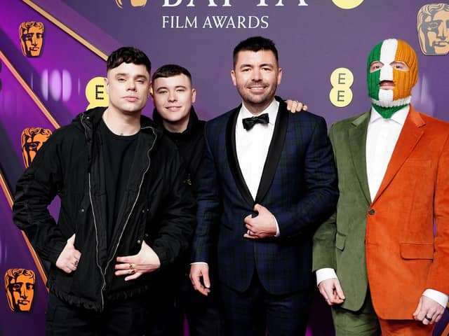 Mo Chara (Naoise O Caireallain), Moglai Bap (Liam Og O Hannaidh), director Rich Peppiatt, and DJ Provai attending the Bafta ceremony in London on Sunday (16th). Photo: Ian West/PA Wire.