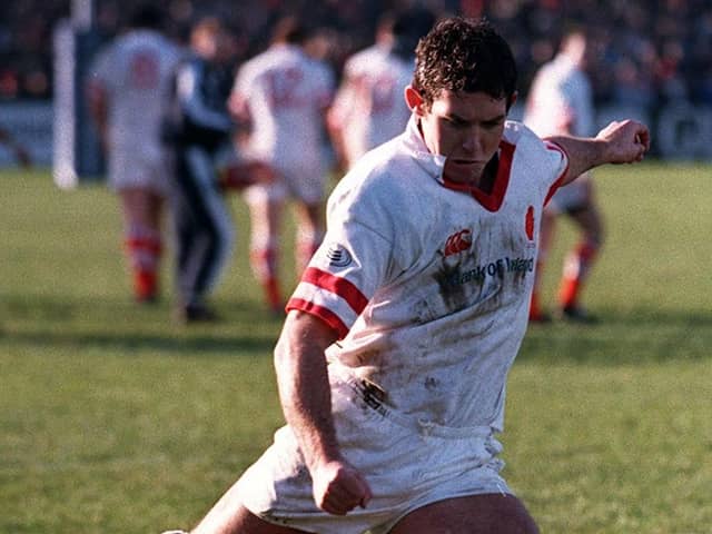 Ulster's Simon Mason kicks a conversion during the semi-final victory over Stade Francais in 1999. (Photo by Stephen Davison/Pacemaker)